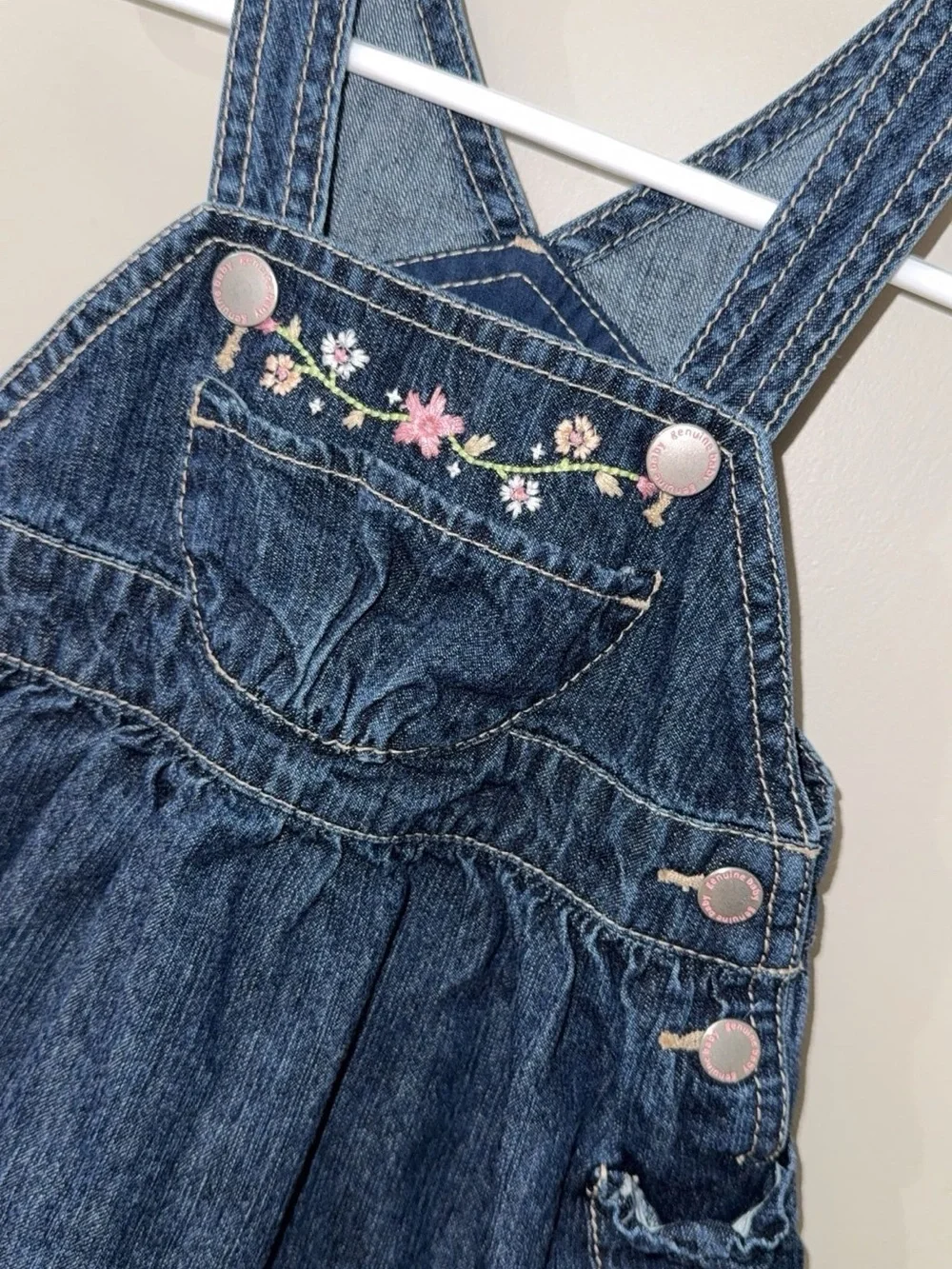 Vintage OshKosh Baby Girl Denim Overall Jumper Dress Embroidered Floral 6 Months